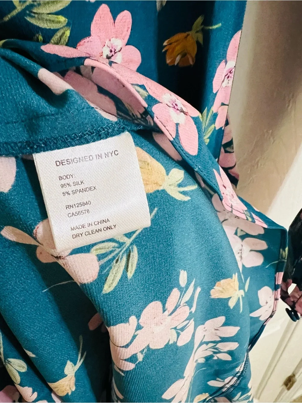 INTERMIX Teal Floral Ruched High-Low Silk Dress with Pink Blossoms